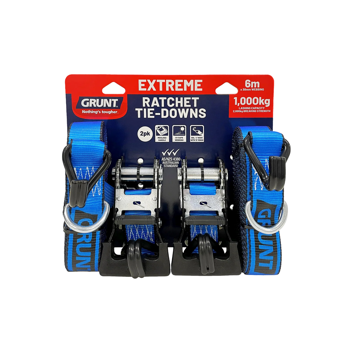 Grunt 38mm x 6m 1,000kg Blue Ratchet Tie Down - 2 Pack